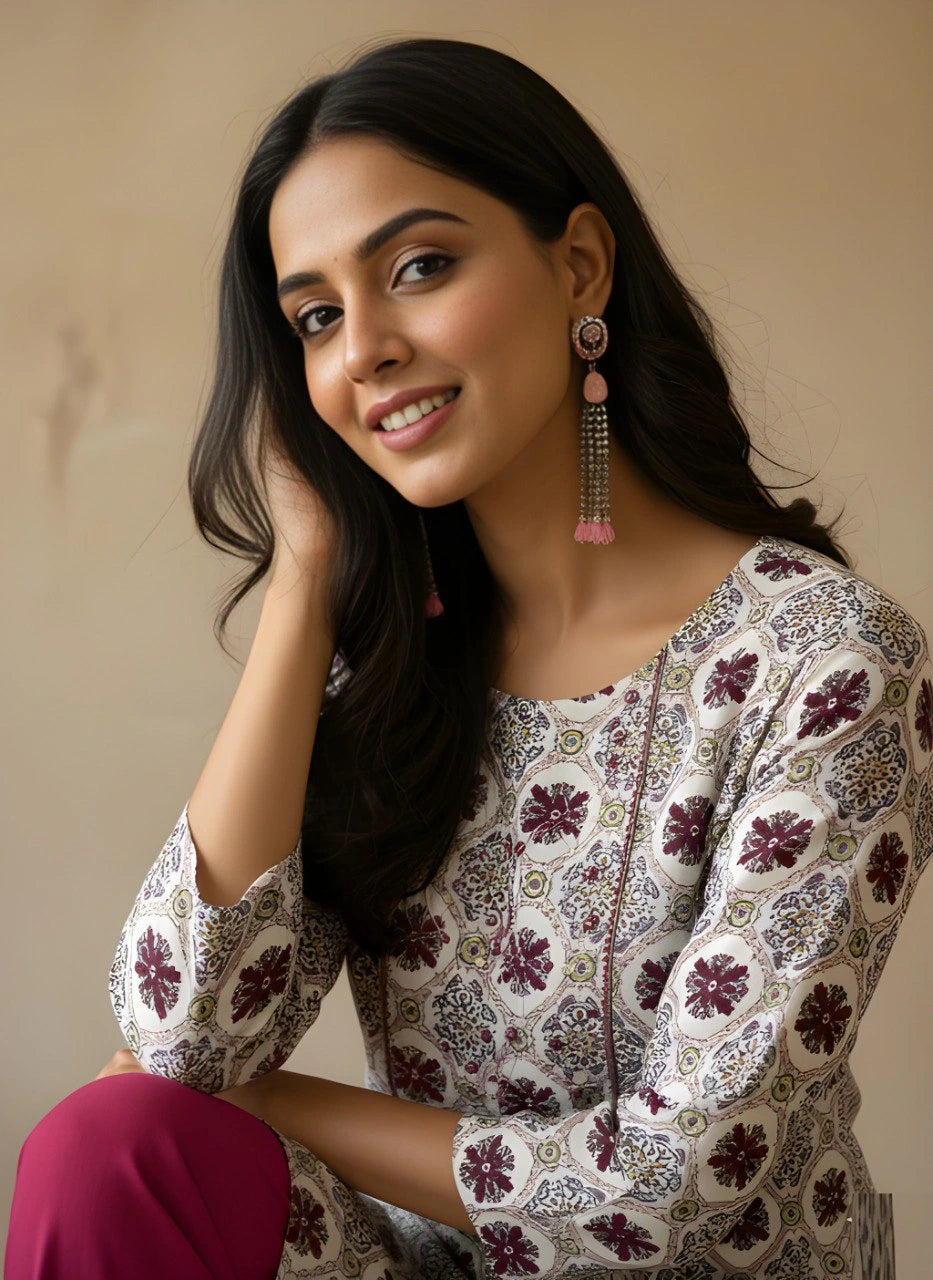 Woman wearing a patterned top with a neutral background